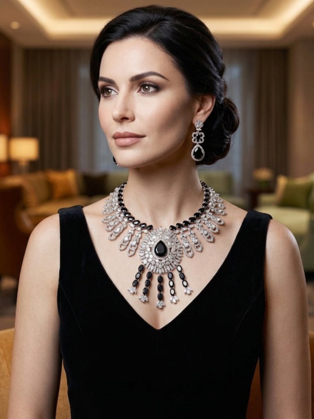 Luxurious Statement Necklace and Dangle Earring Set with Black Faux Gemstones an